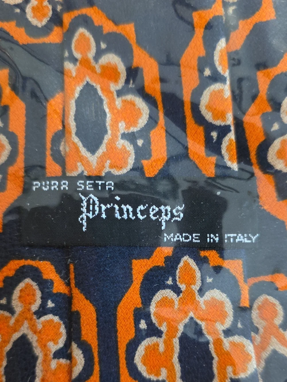 Princeps New In Package Orange and Navy 100% Silk Geometric Medallion Tie